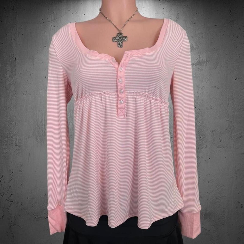 Pink Striped Empire Waist Henley Long Sleeve Button Detail Soft Stretchy Top M - Picture 1 of 8
